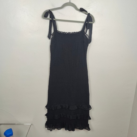 Abercrombie & Fitch Dress Womens Large Black‎ Tie Strap Smocked Midi Romantic - Picture 2 of 10